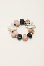 Pink Opal, Black Onyx & Stick Baroque Pearl /Protection & Heart Healing/ "Rosy Haven" Bracelet