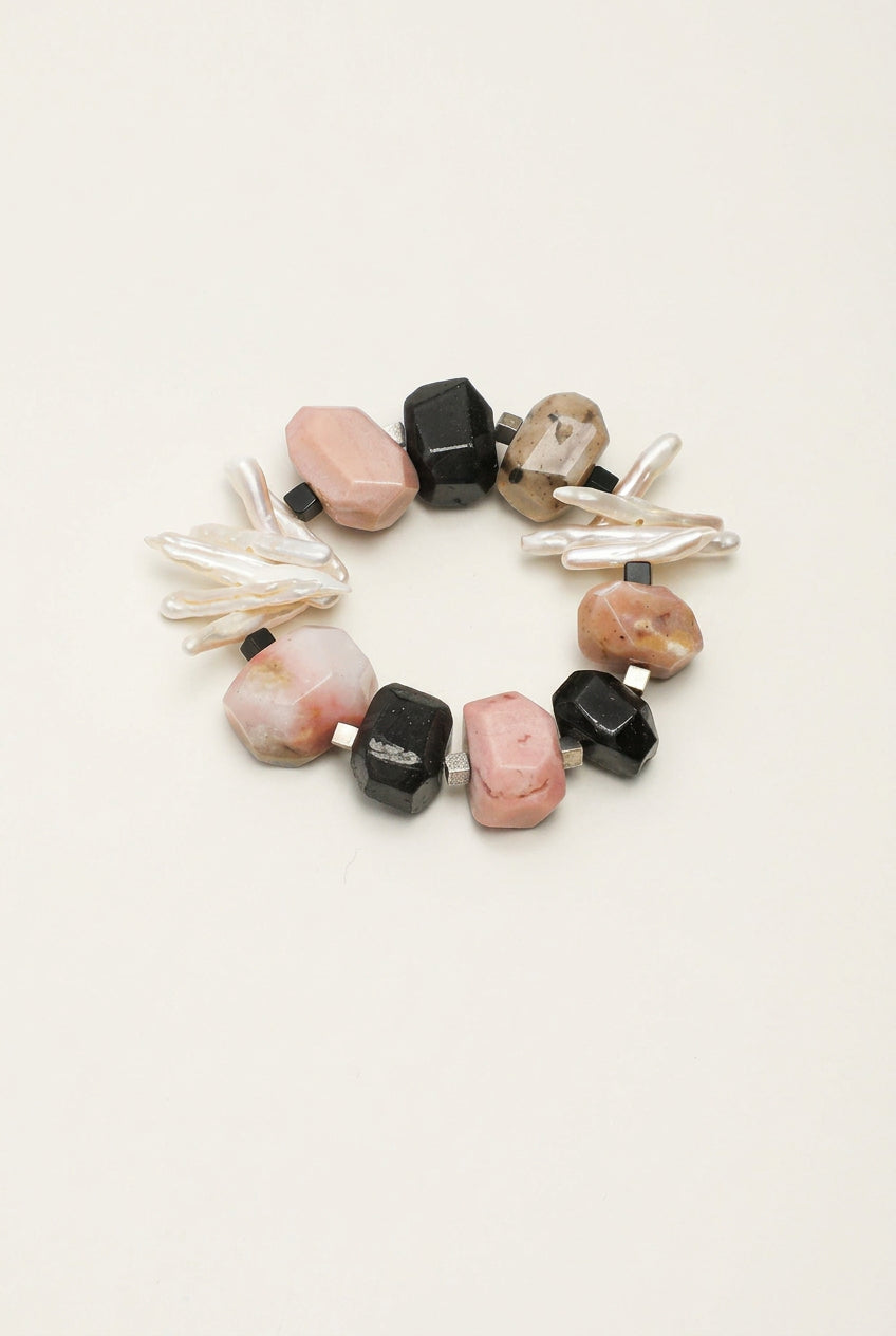 Pink Opal, Black Onyx & Stick Baroque Pearl /Protection & Heart Healing/ "Rosy Haven" Bracelet