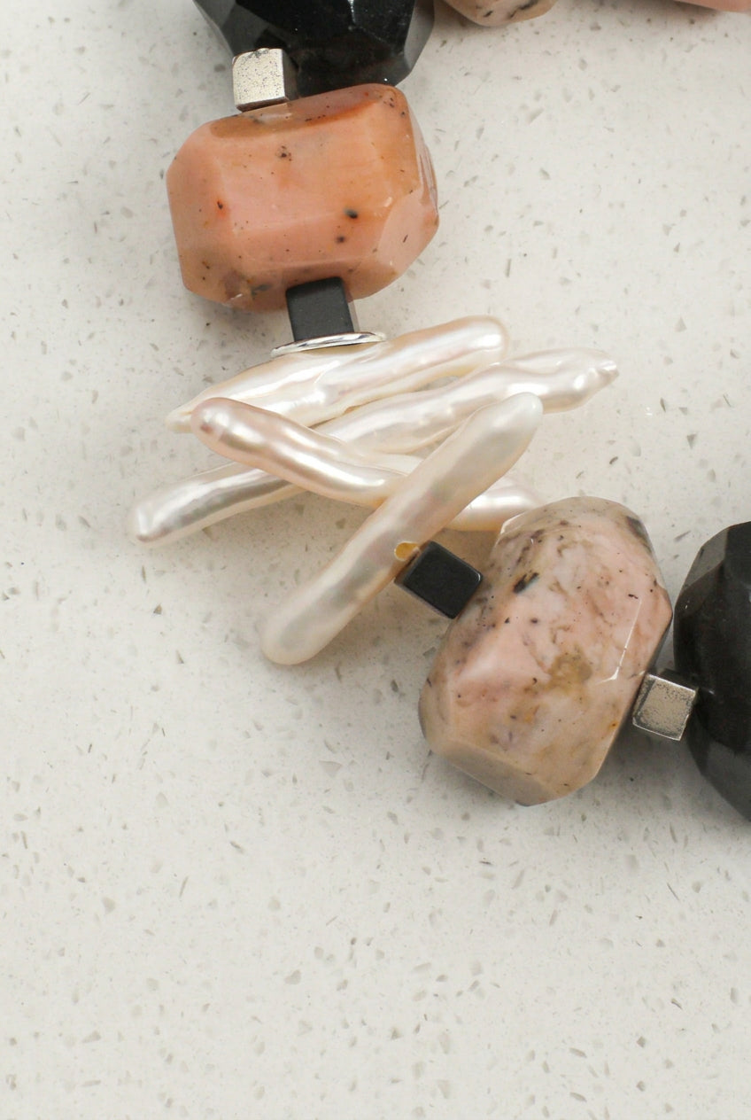Pink Opal, Black Onyx & Stick Baroque Pearl /Protection & Heart Healing/ "Rosy Haven" Bracelet