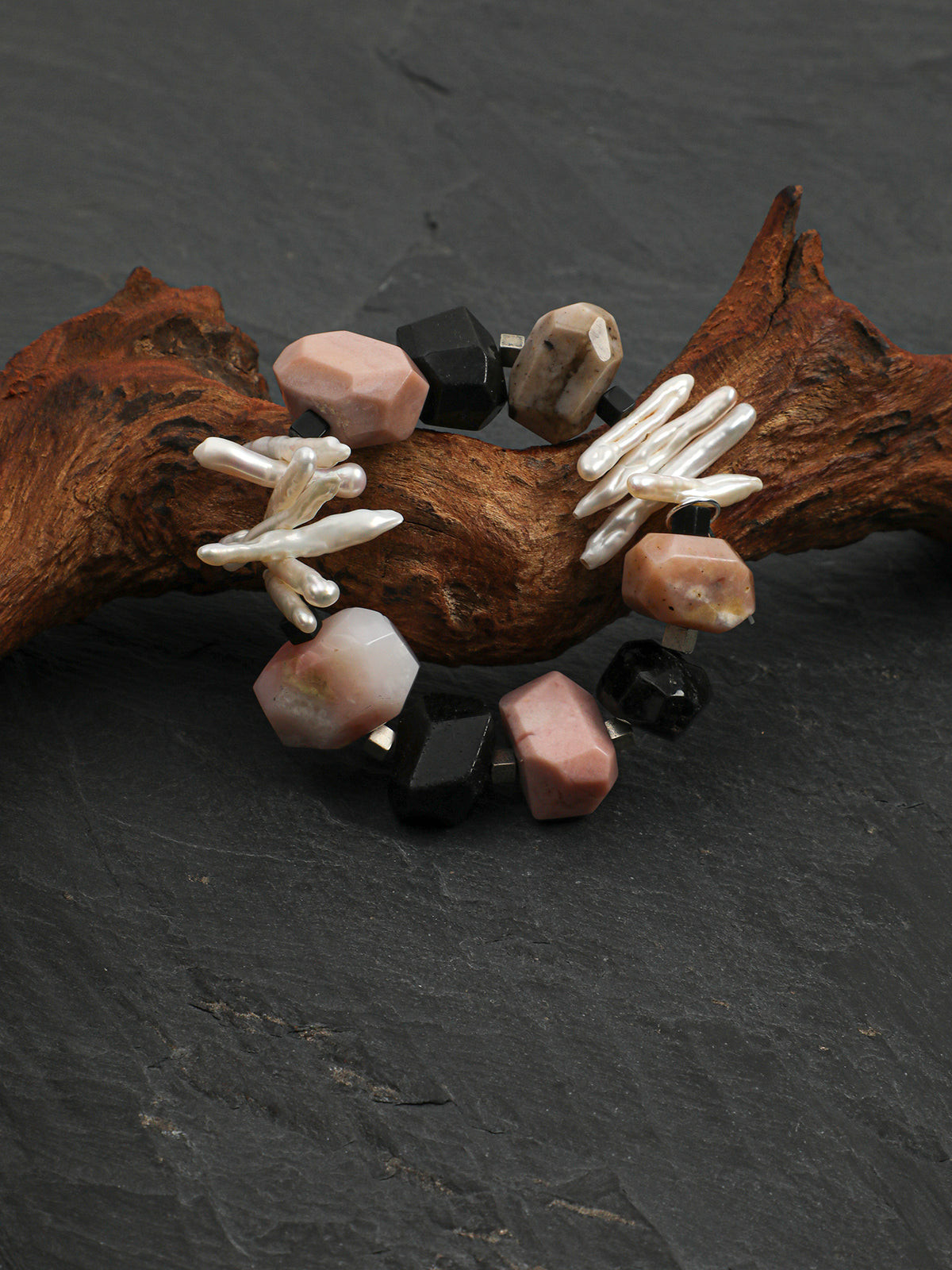 Pink Opal, Black Onyx & Stick Baroque Pearl /Protection & Heart Healing/ "Rosy Haven" Bracelet