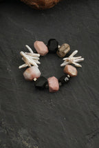 Pink Opal, Black Onyx & Stick Baroque Pearl /Protection & Heart Healing/ "Rosy Haven" Bracelet