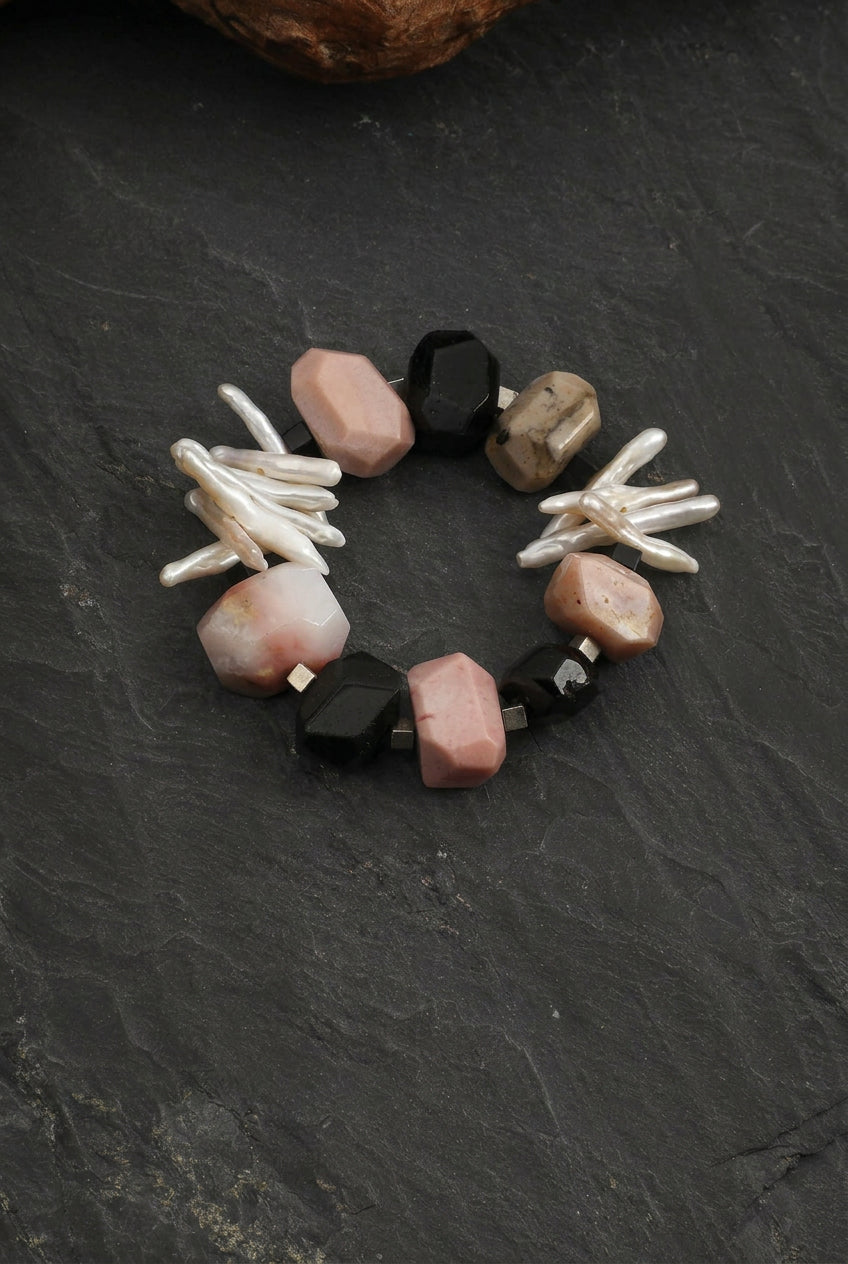 Pink Opal, Black Onyx & Stick Baroque Pearl /Protection & Heart Healing/ "Rosy Haven" Bracelet