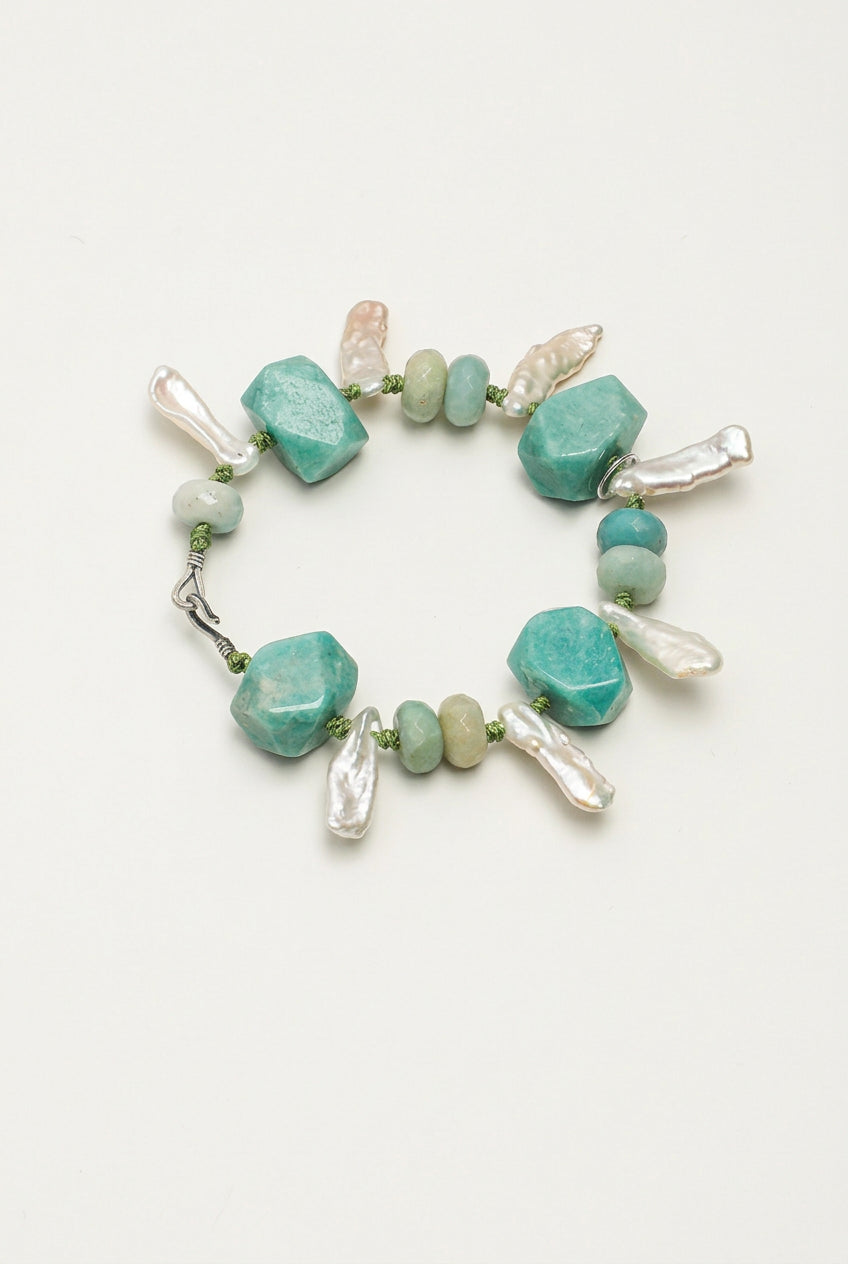 Amazonite & Tooth Baroque Pearl /Abundance & Femininity/ "Misty River" Hand-Knotted Bracelet