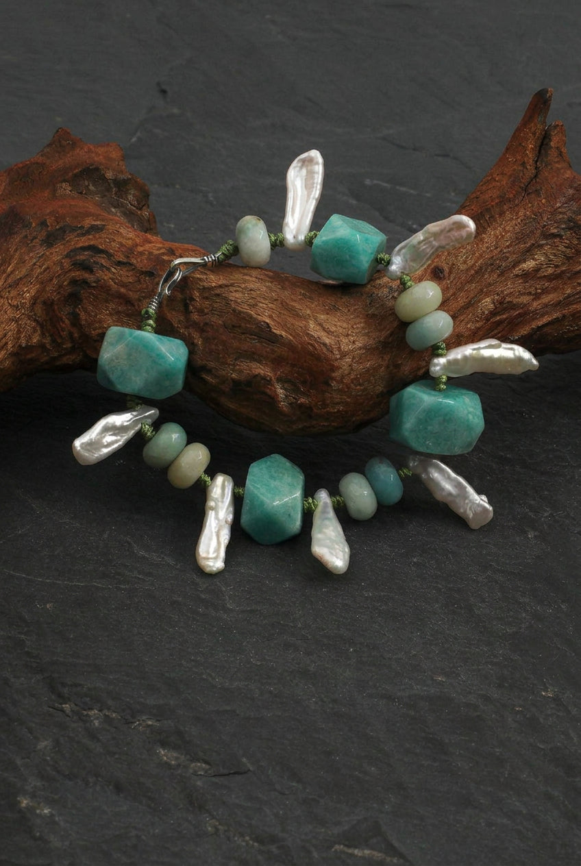 Amazonite & Tooth Baroque Pearl /Abundance & Femininity/ "Misty River" Hand-Knotted Bracelet