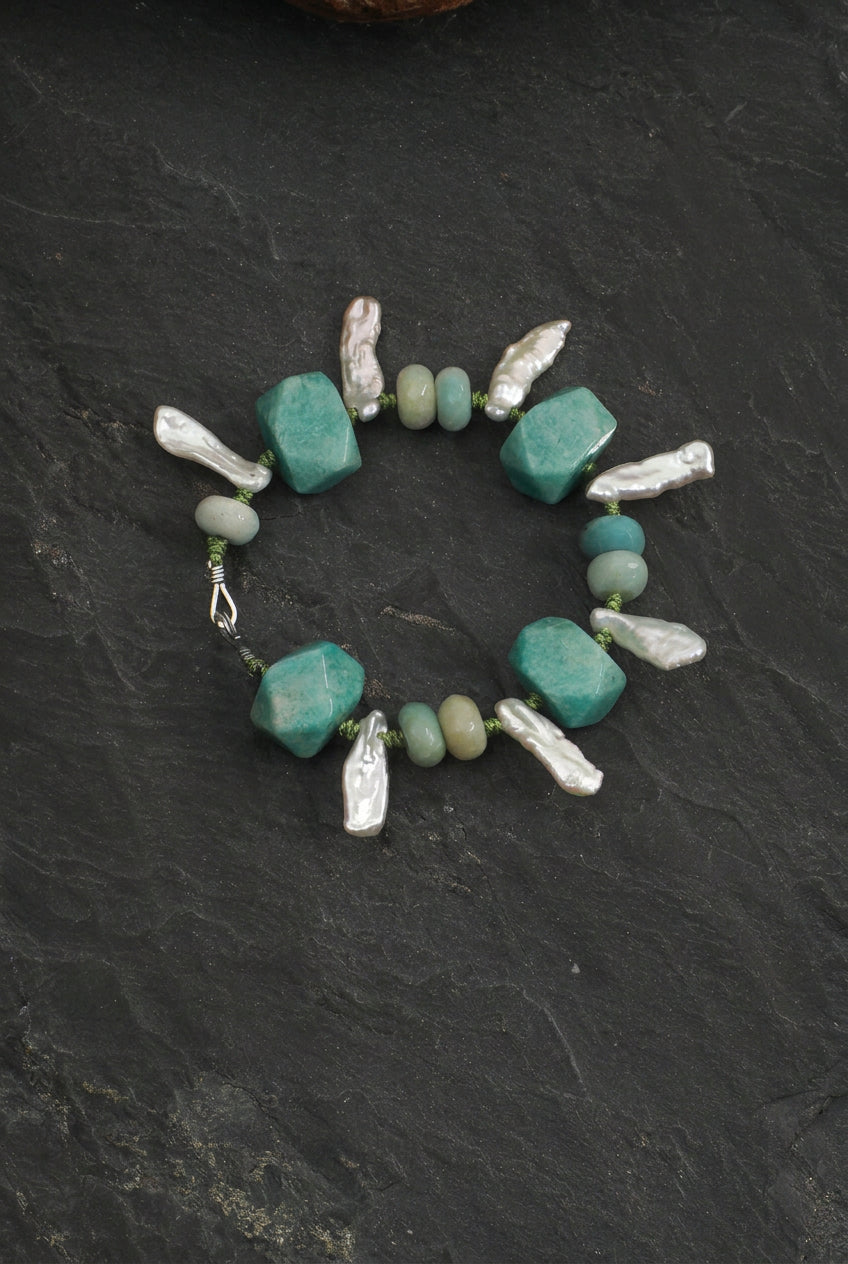 Amazonite & Tooth Baroque Pearl /Abundance & Femininity/ "Misty River" Hand-Knotted Bracelet