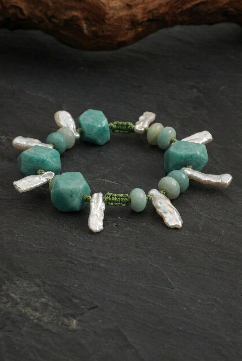 Amazonite & Tooth Baroque Pearl /Abundance & Femininity/ "Misty River" Hand-Knotted Bracelet