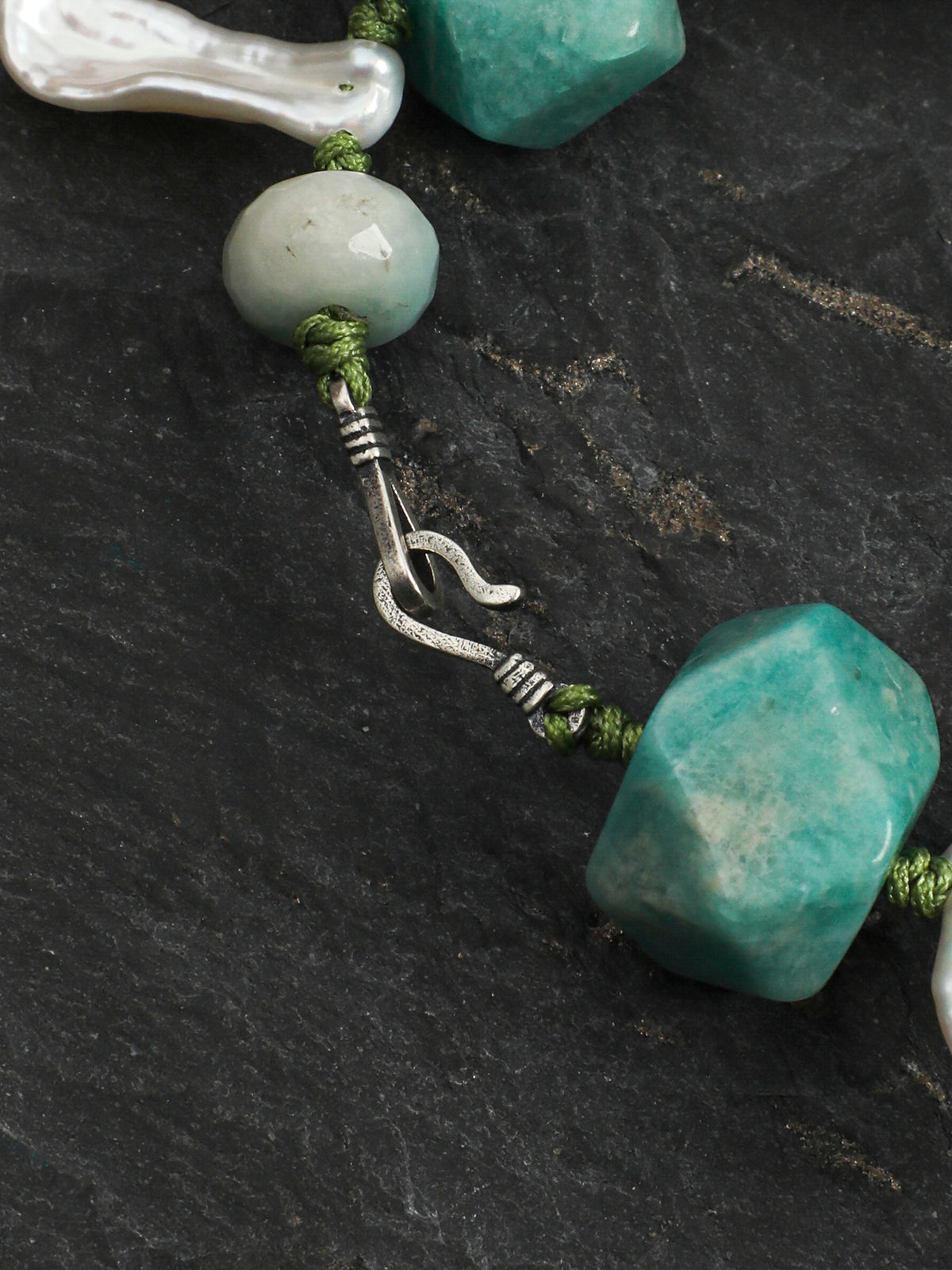 Amazonite & Tooth Baroque Pearl /Abundance & Femininity/ "Misty River" Hand-Knotted Bracelet