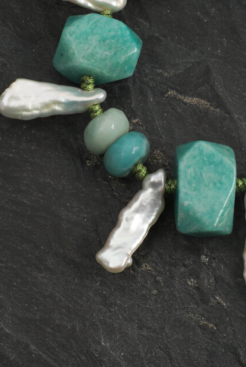 Amazonite & Tooth Baroque Pearl /Abundance & Femininity/ "Misty River" Hand-Knotted Bracelet