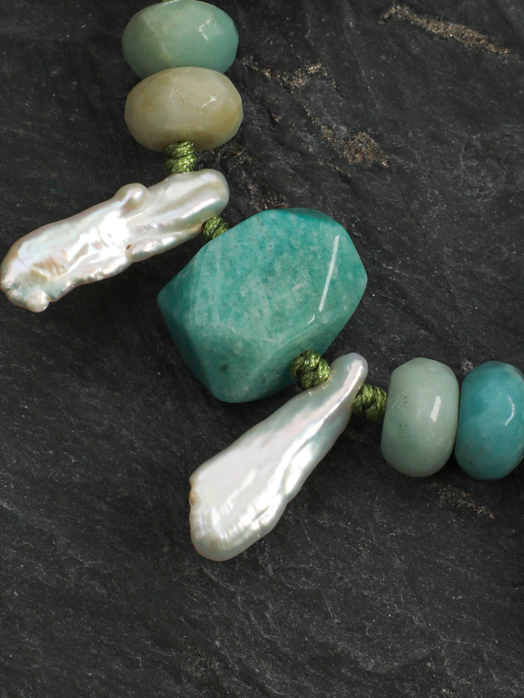 Amazonite & Tooth Baroque Pearl /Abundance & Femininity/ "Misty River" Hand-Knotted Bracelet
