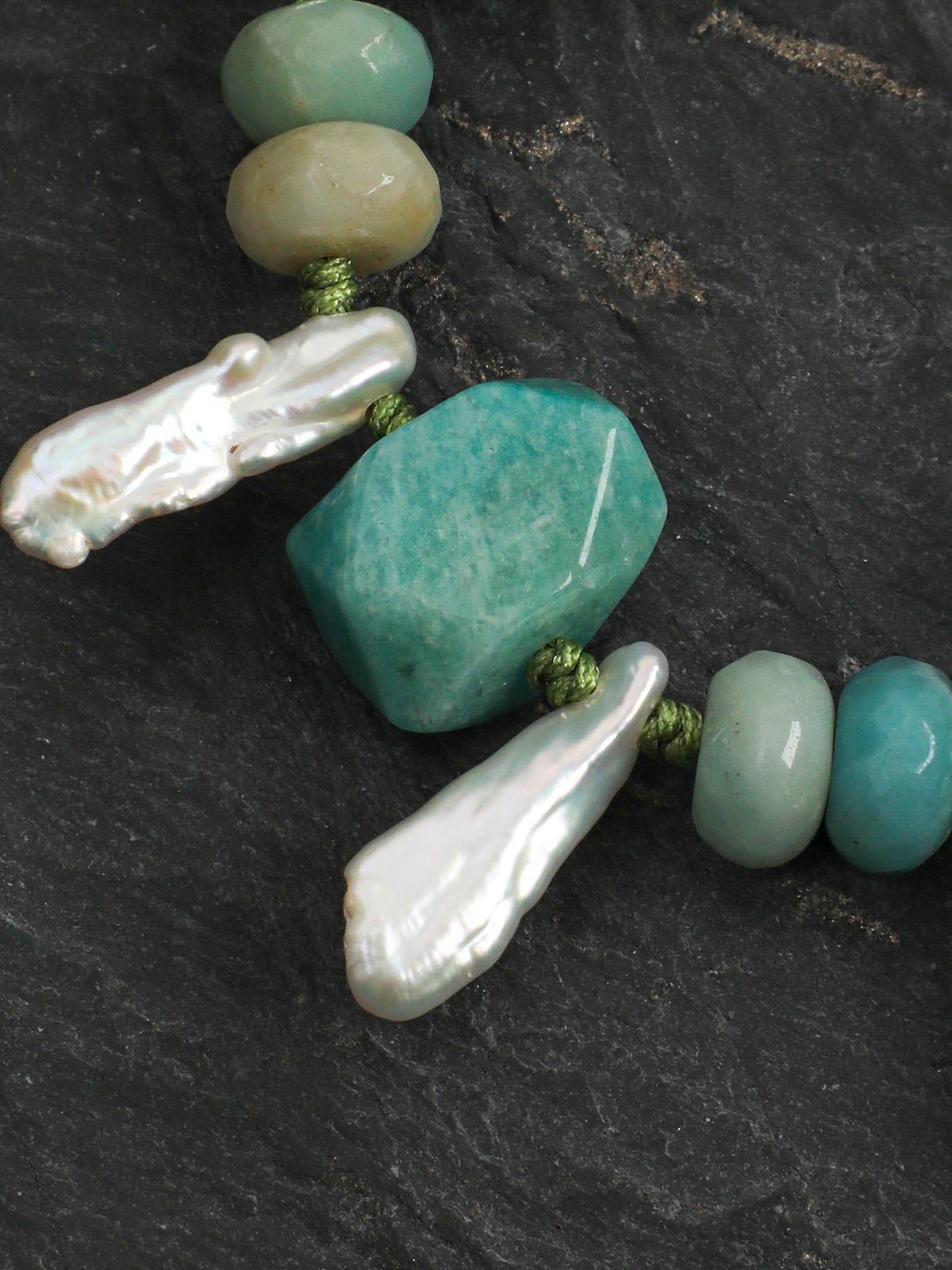 Amazonite & Tooth Baroque Pearl /Abundance & Femininity/ "Misty River" Hand-Knotted Bracelet