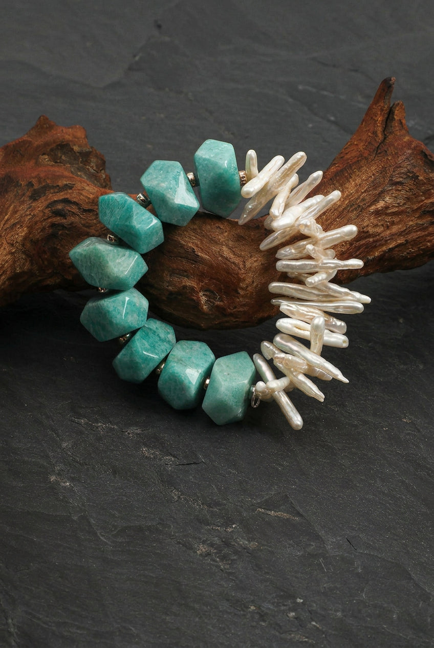 Faceted Amazonite & Stick Baroque Pearl /Hope & Tranquil Truth/ "Verdant Isle" Split Bracelet