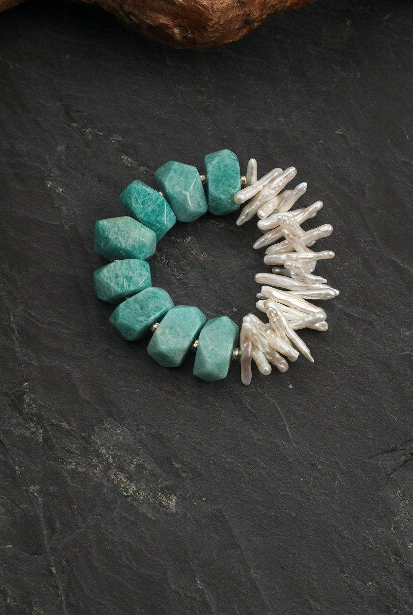 Faceted Amazonite & Stick Baroque Pearl /Hope & Tranquil Truth/ "Verdant Isle" Split Bracelet
