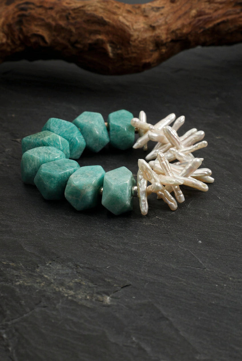 Faceted Amazonite & Stick Baroque Pearl /Hope & Tranquil Truth/ "Verdant Isle" Split Bracelet