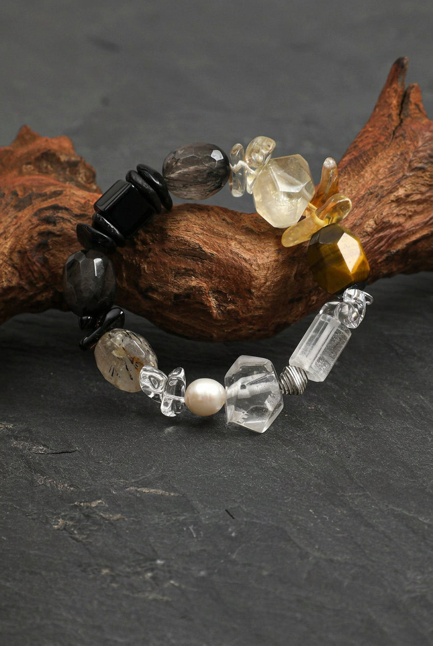 Multi-Gemstone Protection & Abundance/Strength &  Courage "Luminous Obsidian & Inky Pearl" Bracelet