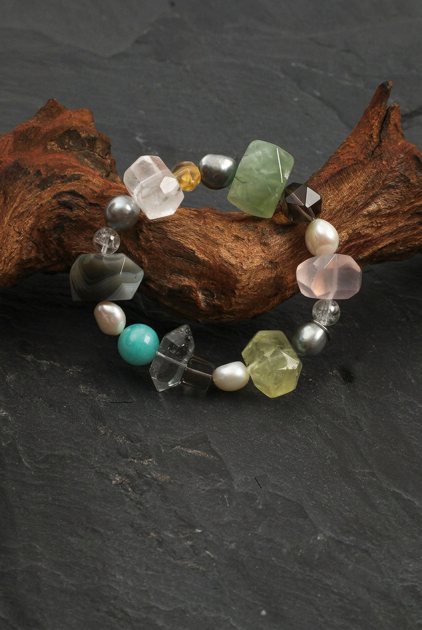 Multi-Gemstone, Persian Agate & Baroque Pearl /Chakra Harmony & Abundance/ "Gathered Light" Bracelet