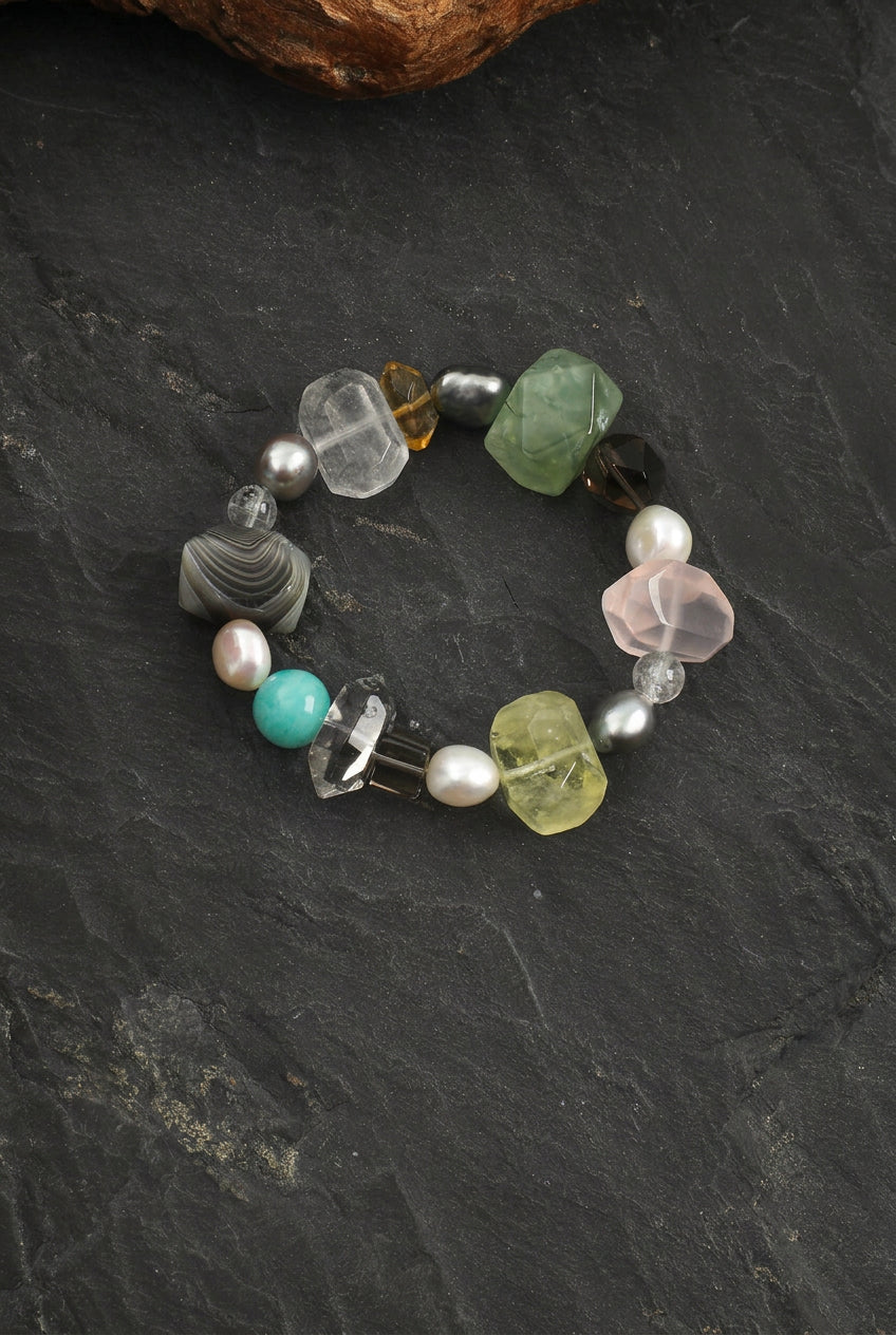 Multi-Gemstone, Persian Agate & Baroque Pearl /Chakra Harmony & Abundance/ "Gathered Light" Bracelet