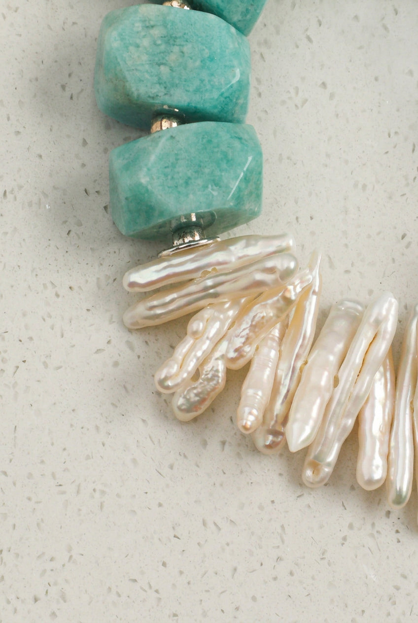Faceted Amazonite & Stick Baroque Pearl /Hope & Tranquil Truth/ "Verdant Isle" Split Bracelet