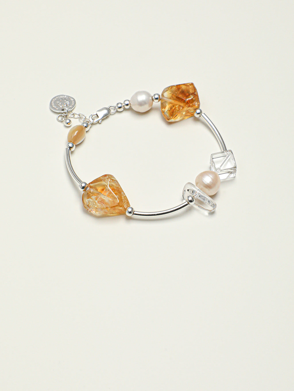 Citrine, Clear Quartz & Pearl/Happiness & Amplification & Femininity/"Golden Citrine &Pearl"Silver Bar Bracelet
