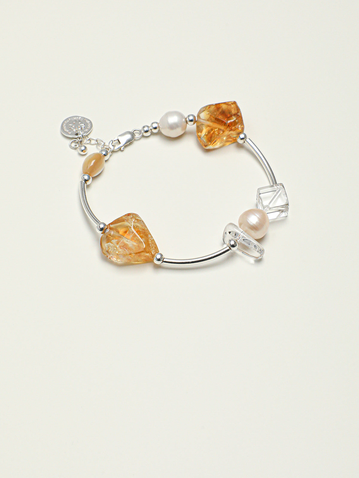 Citrine, Clear Quartz & Pearl/Happiness & Amplification & Femininity/"Golden Citrine &Pearl"Silver Bar Bracelet