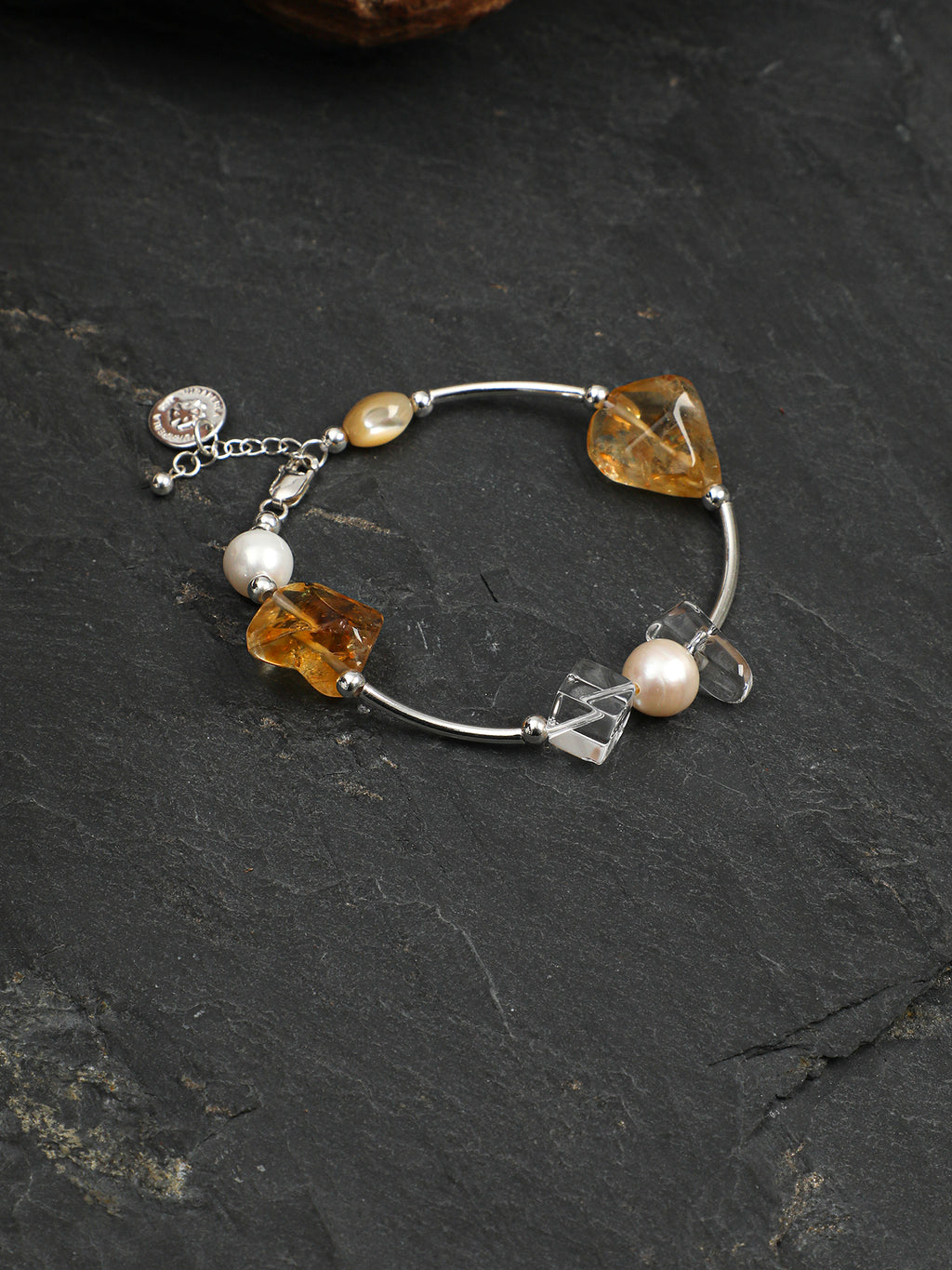 Citrine, Clear Quartz & Pearl/Happiness & Amplification & Femininity/"Golden Citrine &Pearl"Silver Bar Bracelet