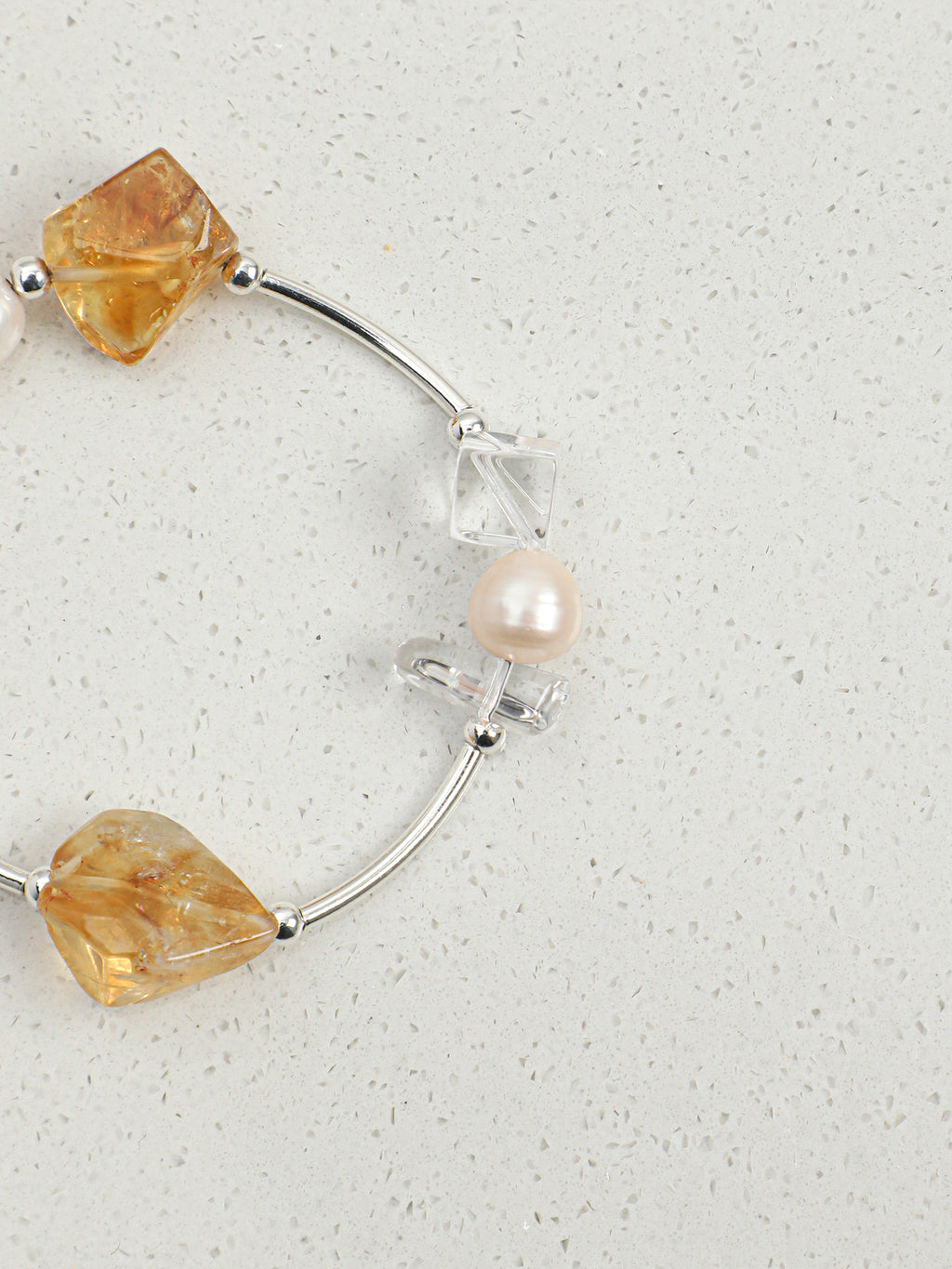 Citrine, Clear Quartz & Pearl/Happiness & Amplification & Femininity/"Golden Citrine &Pearl"Silver Bar Bracelet