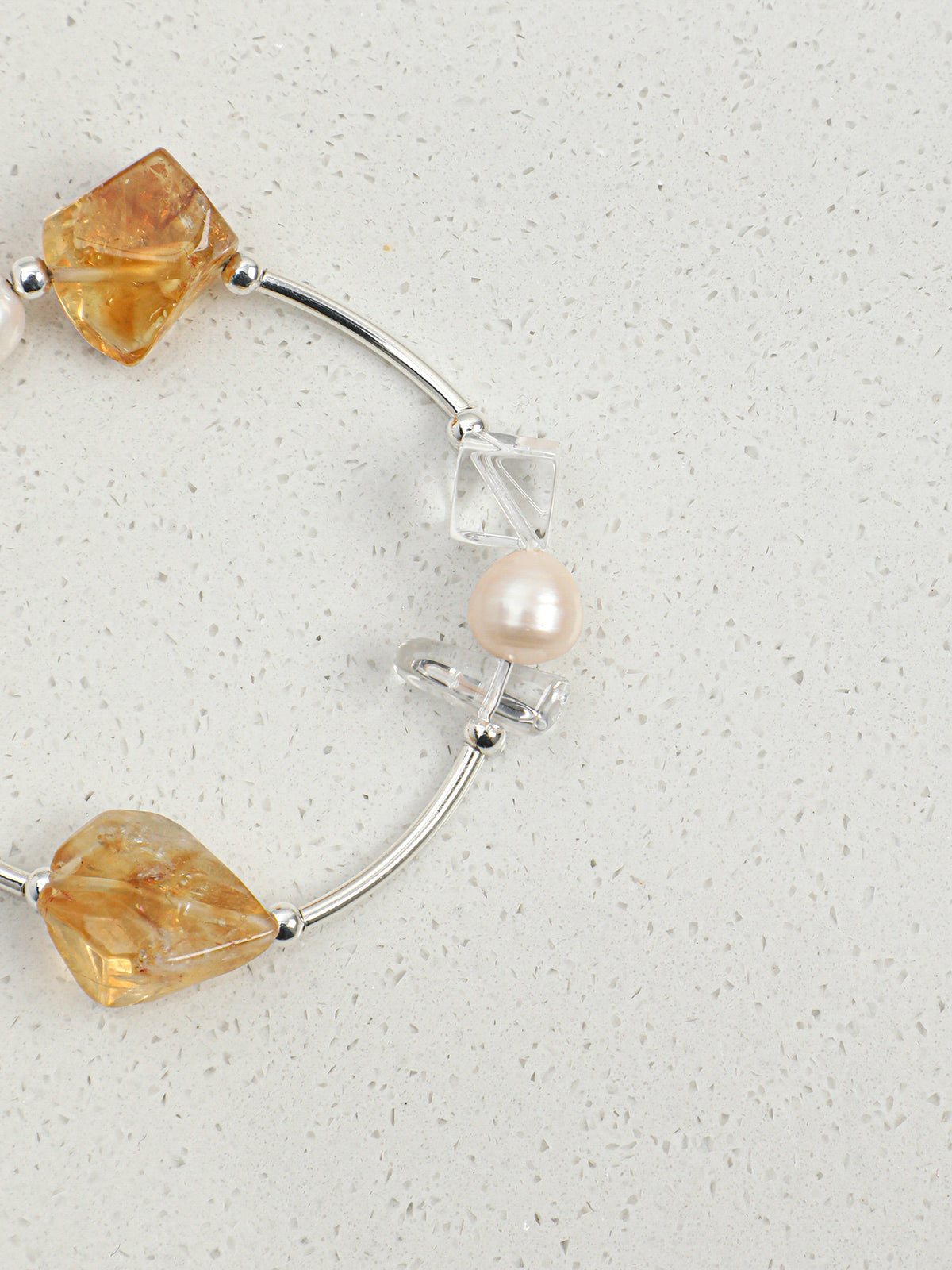 Citrine, Clear Quartz & Pearl/Happiness & Amplification & Femininity/"Golden Citrine &Pearl"Silver Bar Bracelet