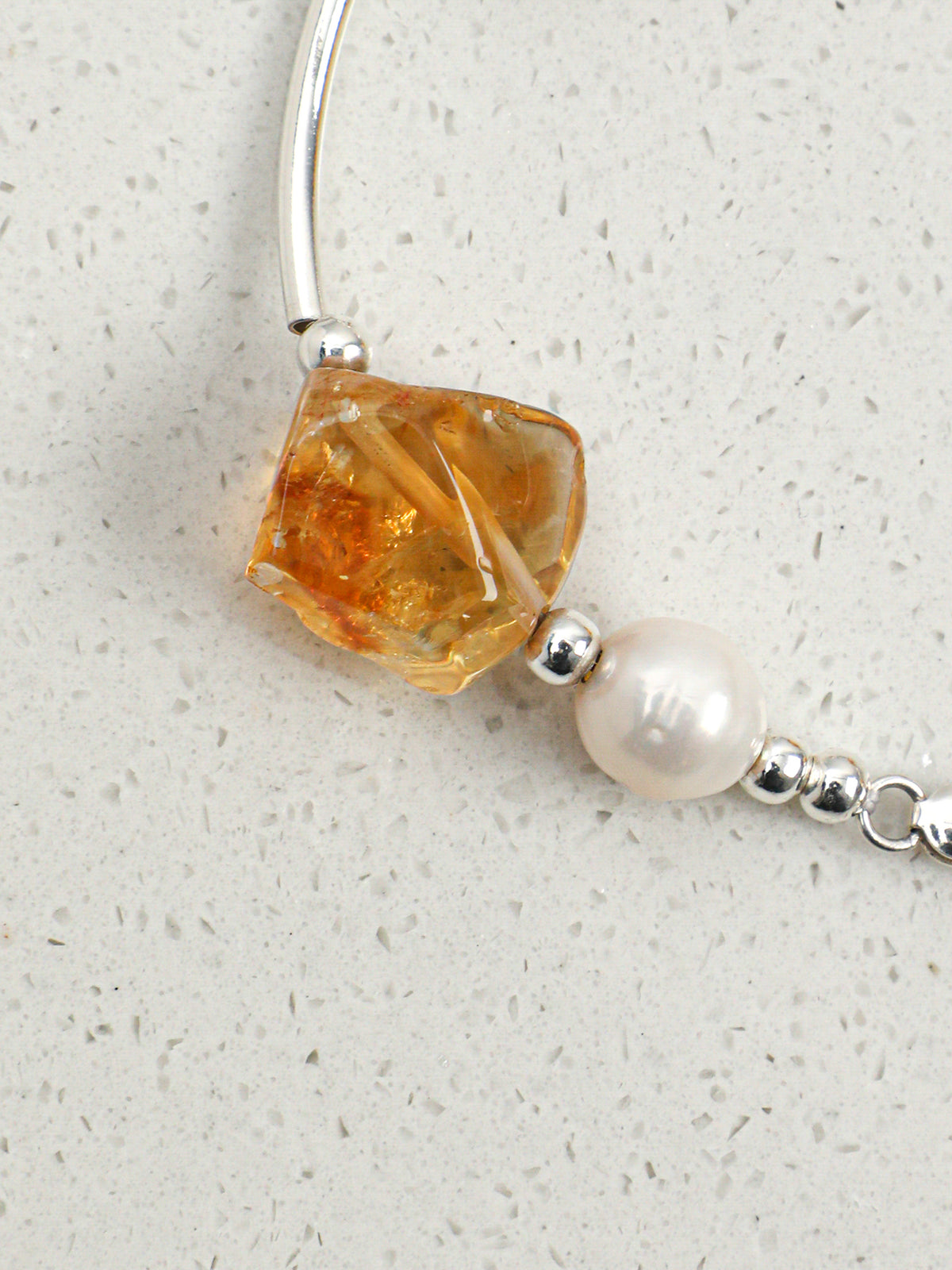 Citrine, Clear Quartz & Pearl/Happiness & Amplification & Femininity/"Golden Citrine &Pearl"Silver Bar Bracelet