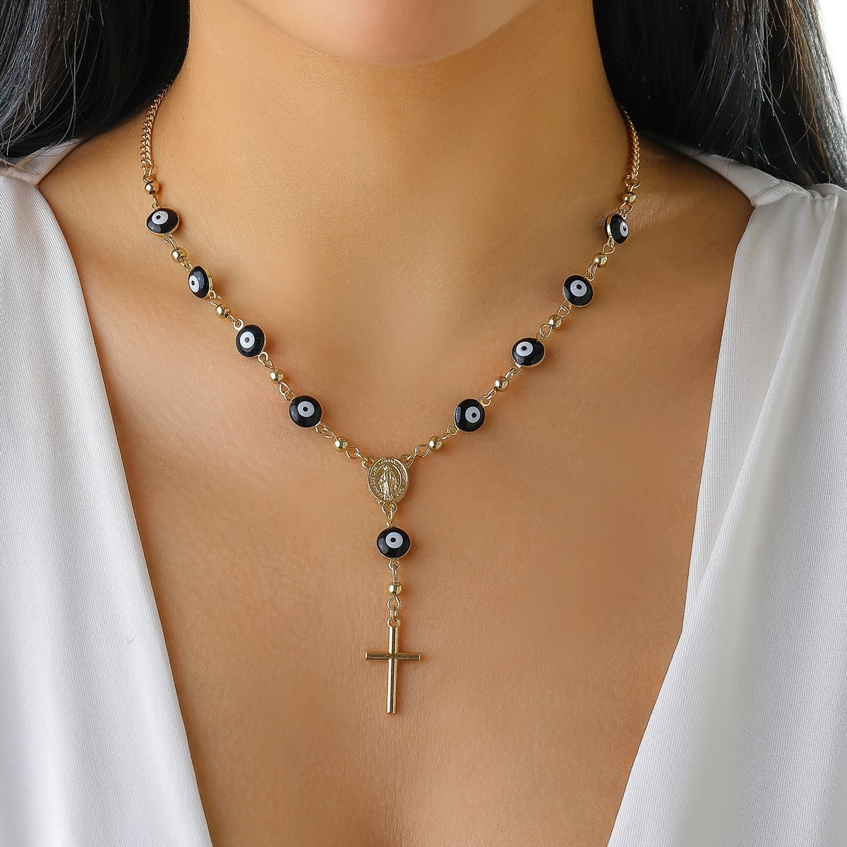 Devil's Eye Beaded Necklace Cross Shape Pendant Y-shaped Necklace Elegant Neck Chain Jewelry