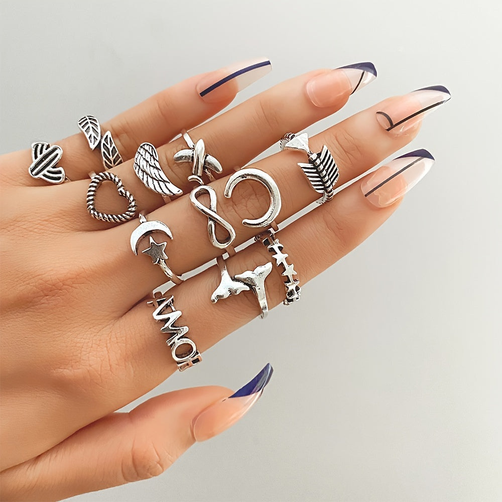 Complete Your Look with 12-Pack Small Vintage Silver Plated Rings Featuring Star, Moon, Feather, Bomber and Heart Designs