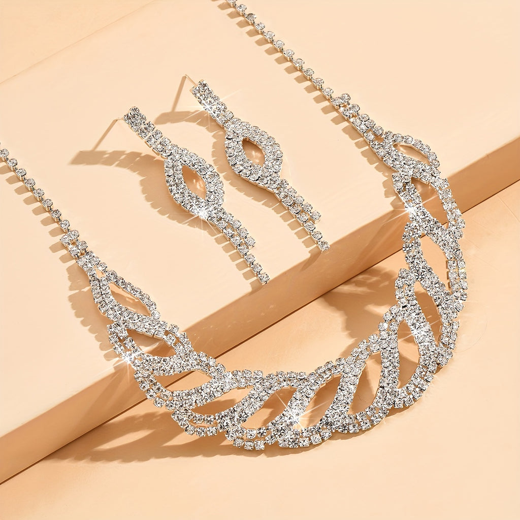 3pcs Earrings Plus Necklace Elegant Jewelry Set Silver Plated Inlaid Rhinestone Dainty Evening Party Cocktail Party Decor