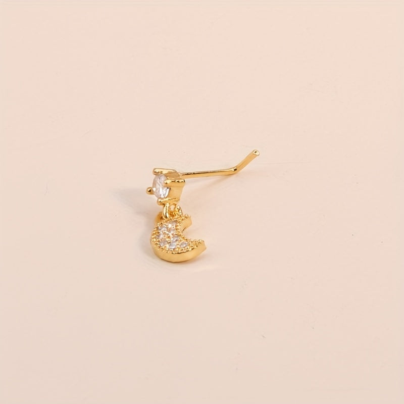 1pc Mini Moon Shape Pendant Nose Nail Ring Inlaid Shiny Zircon Simple Style  Nose Piercing Jewelry