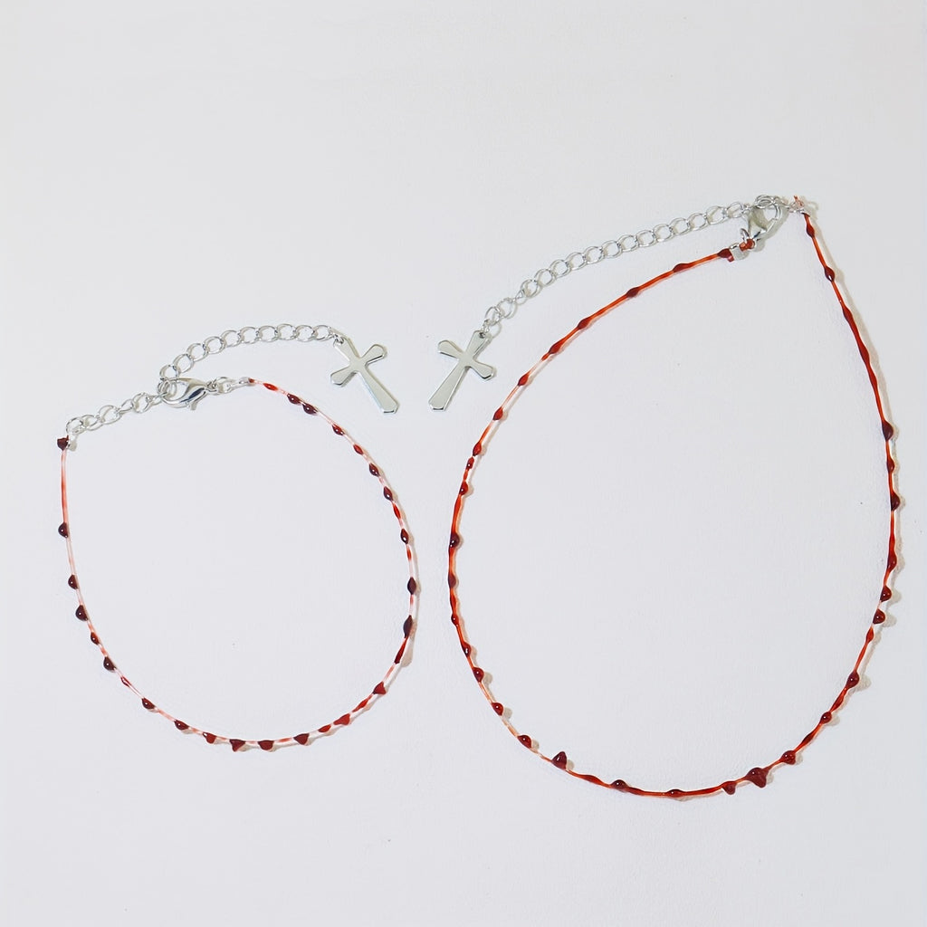 2pcs Necklace Plus Bracelet Gothic Style Jewelry Set Trendy Cross Pendant Blood Drop Design Match Daily Outfits Perfect Halloween Decor
