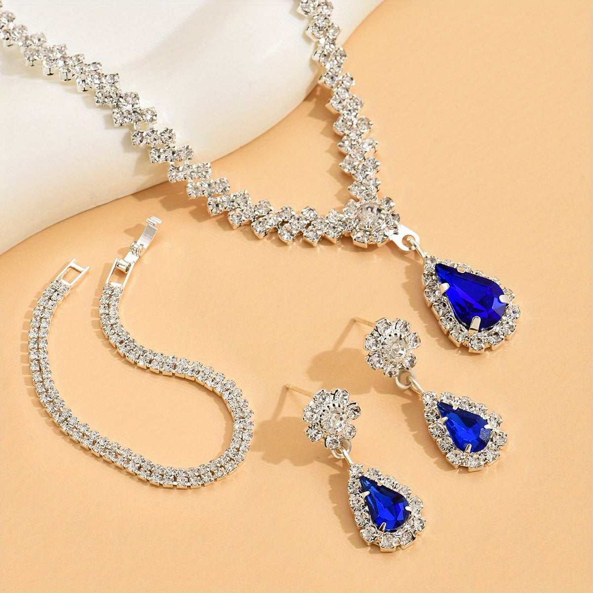4pcs Earrings Necklace Bracelet Silver Plated Inlaid Shining Rhinestone Elegant Accessories For Female Dupes Luxury Decor For Evening Party Noble Chrismas Gift