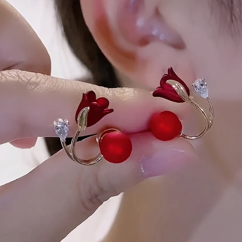 Celebrate New Year Festive with Style: Red Faux Pearl Tulip Flower Earrings for Women and Girls