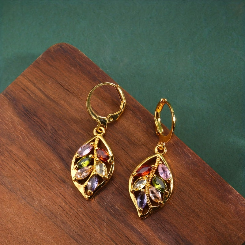 Add a Touch of Elegance to Your Office Look with These Multicolor Mystic Cubic Zirconia Leaf Dangle Earrings in 14K Gold Plating - Lightweight and Stylish Gift for Her