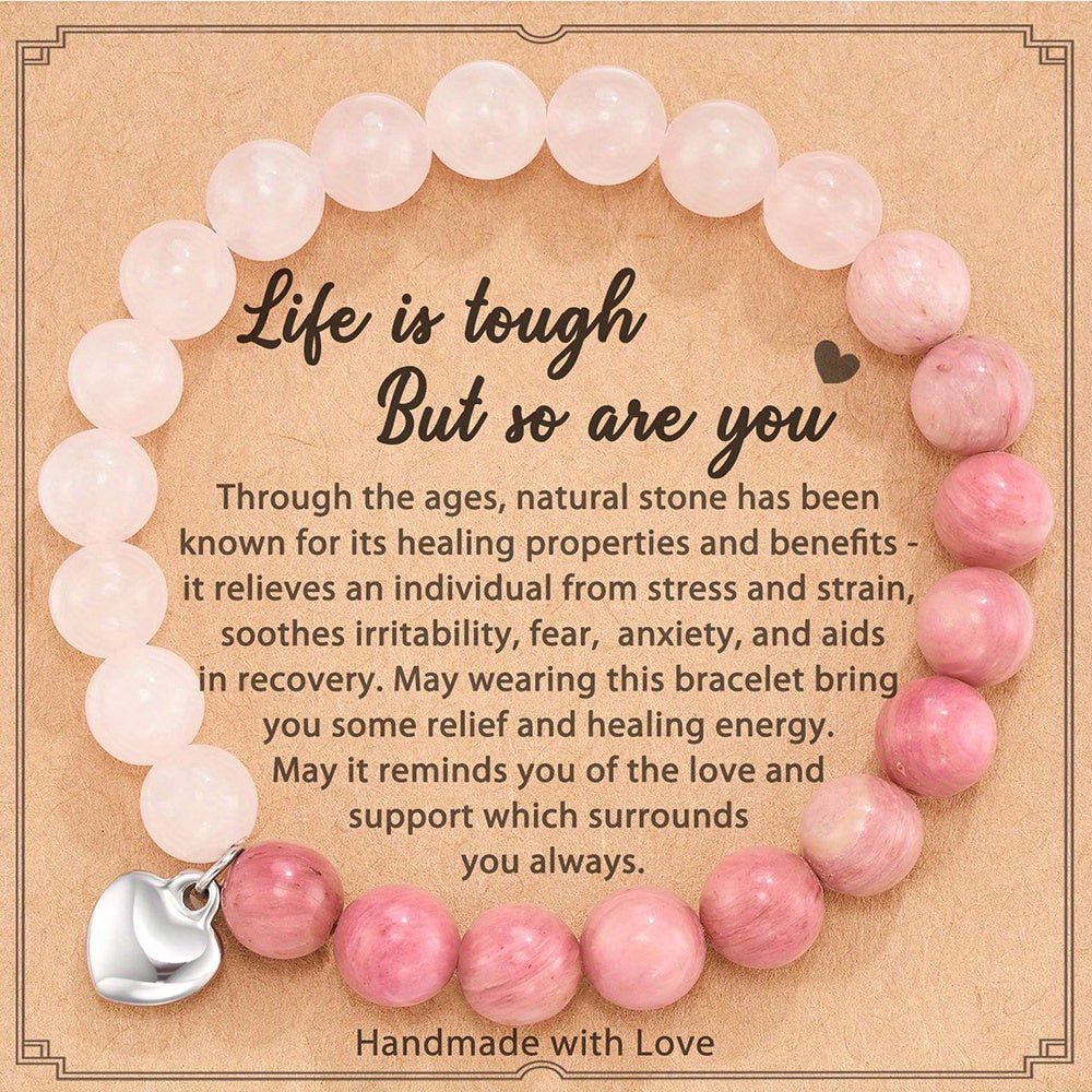 Inspirational Beaded Bracelet With Love Heart Pendant Energy Healing & Relax Anxiety Jewelry Gift With Card