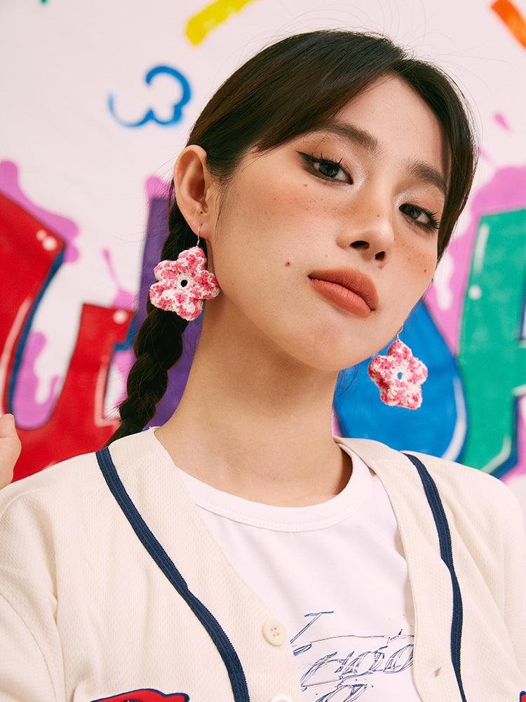 LB Hand Crochet Sweet "Bubble Flower" Earrings Beach Ear Clip LOJL96