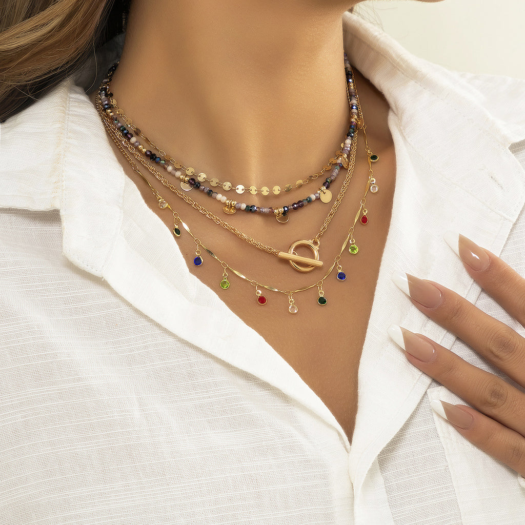 4-Piece Elegant Colorful Crystal Sequins Tassel Geometric Beaded Necklace Set - Perfect for Women!