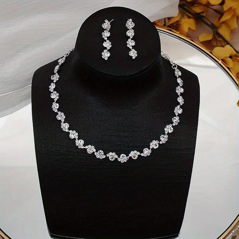 2pcs Elegant Zircon Jewelry Set - Silver Plated Necklace and Earrings for Weddings, Engagements, and Birthdays - Perfect Gift for Women and Girls