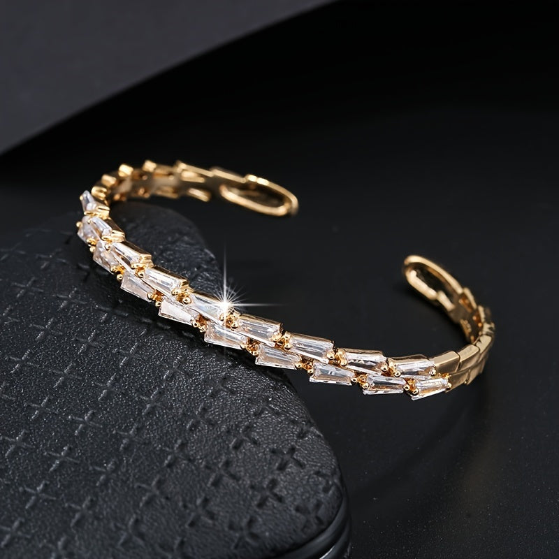 Shiny Bangle Bracelet Inlay Two Rows Tiny Geometry Shaped White Zircon Very Practical And Popular Sweet Jewelry For Women & Girls