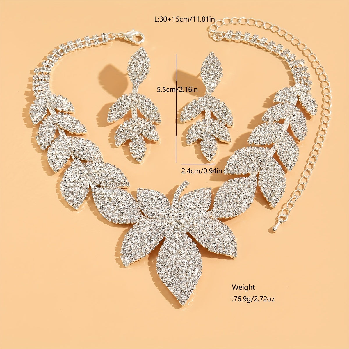 Exquisite Leaf Rhinestone Necklace and Earrings Set for Brides - Perfect Wedding Dress Jewelry Gift