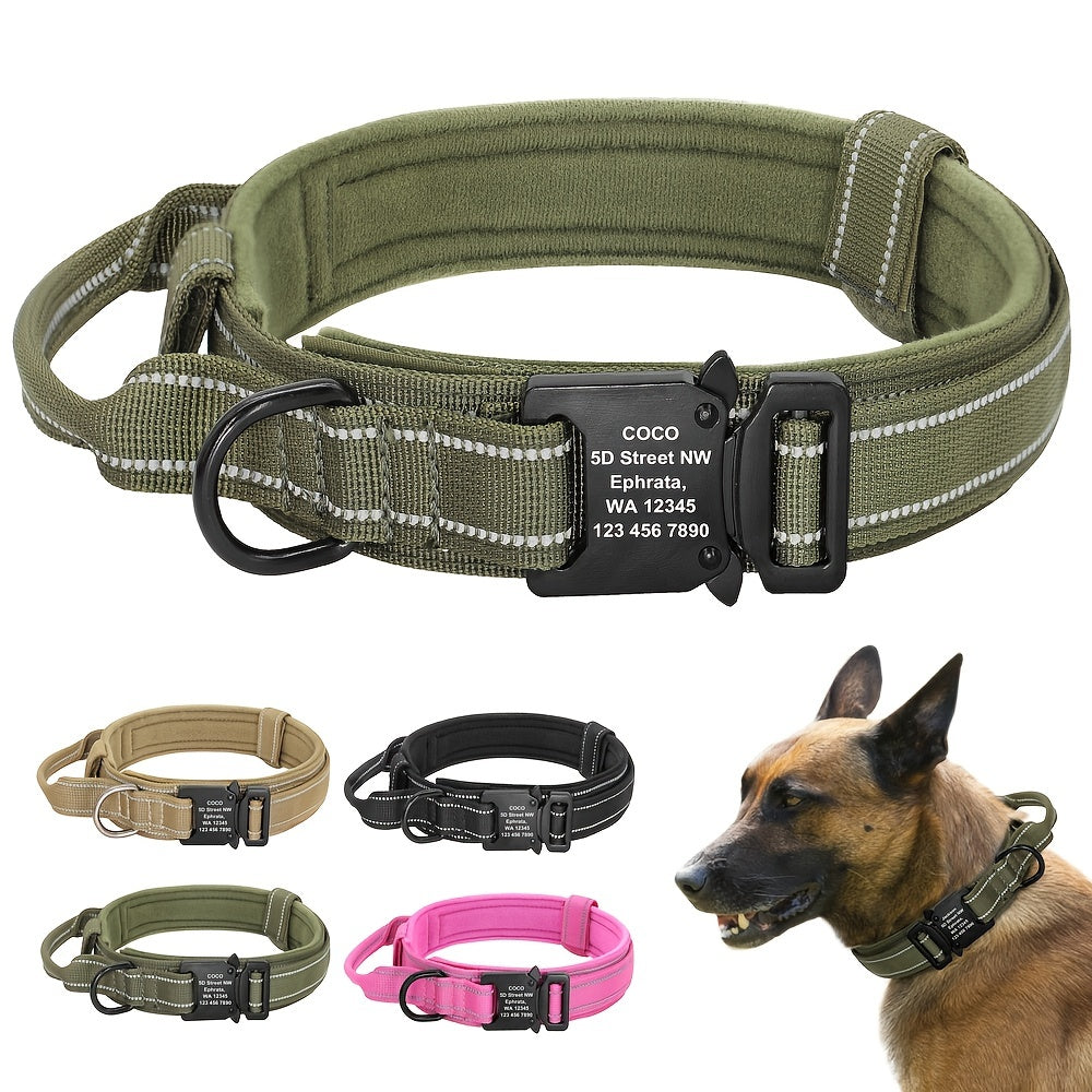 Personalized Tactical Dog Collar With Heavy Duty Metal Buckle, Soft Flannel Padded Reflective Military Collars With Control Handle, Adjustable Nylon Collar For Medium Large Dogs