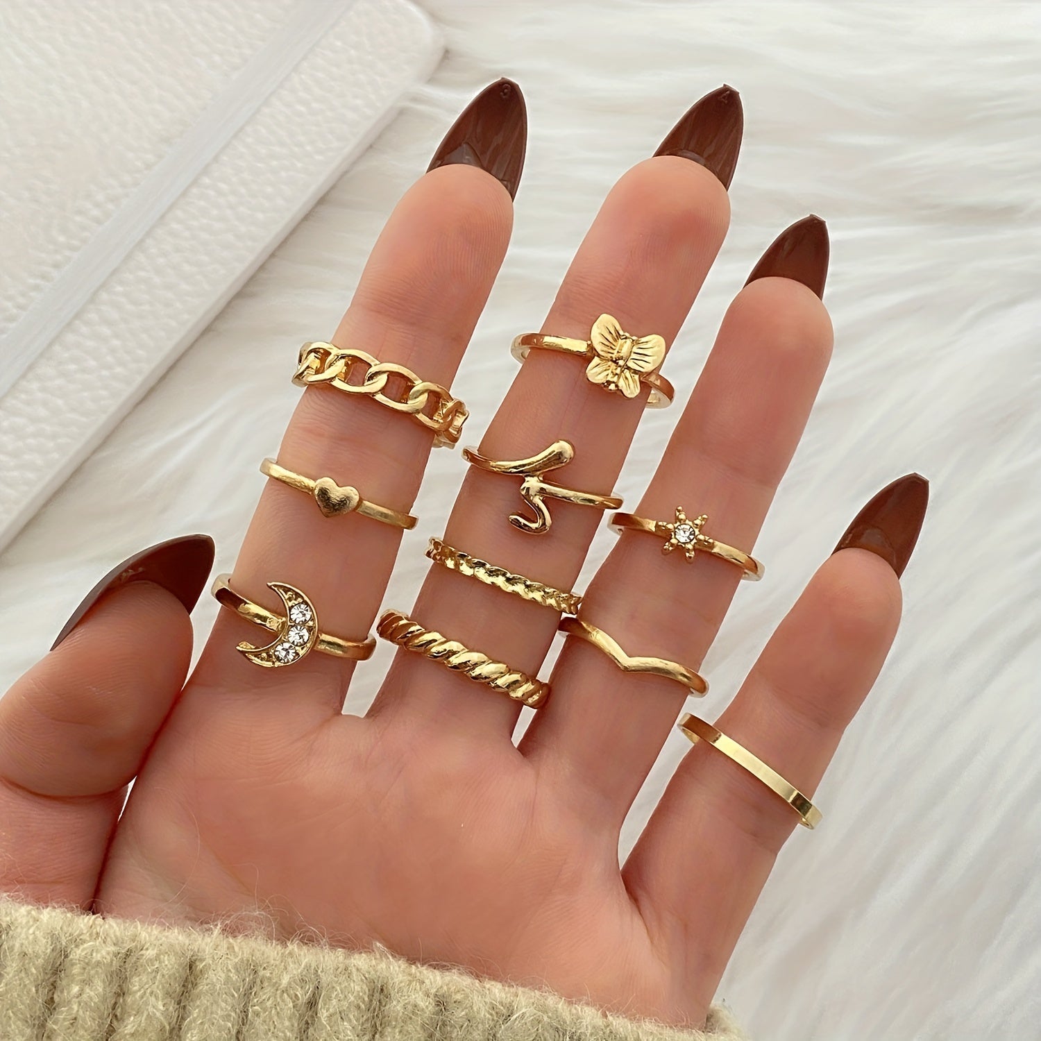 10pcs Vintage Style Stacking Rings Trendy Butterfly Snake Chain Heart Shape Zinc Alloy Mix And Match For Daily Outfits Party Accessories