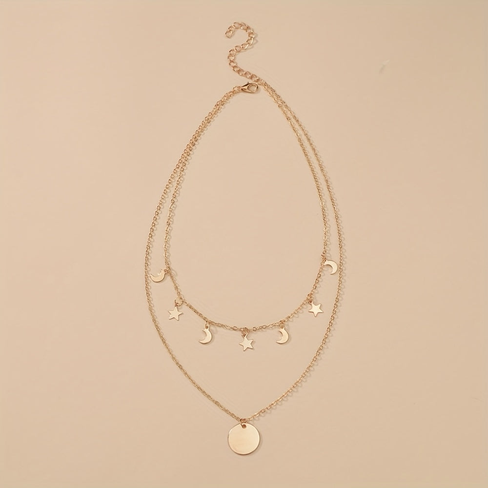 Golden Alloy Round Pendant Double Layer Star & Moon Women's Alloy Necklace