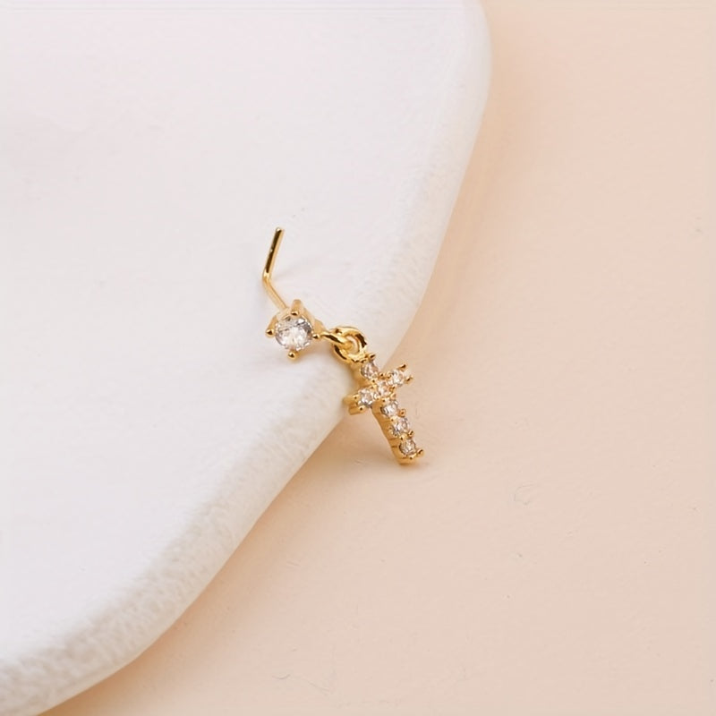 1pc Mini Cross Shape Pendant Nose Stud Ring Inlaid Shiny Zircon Elegant L-Shape Nose Piercing Jewelry