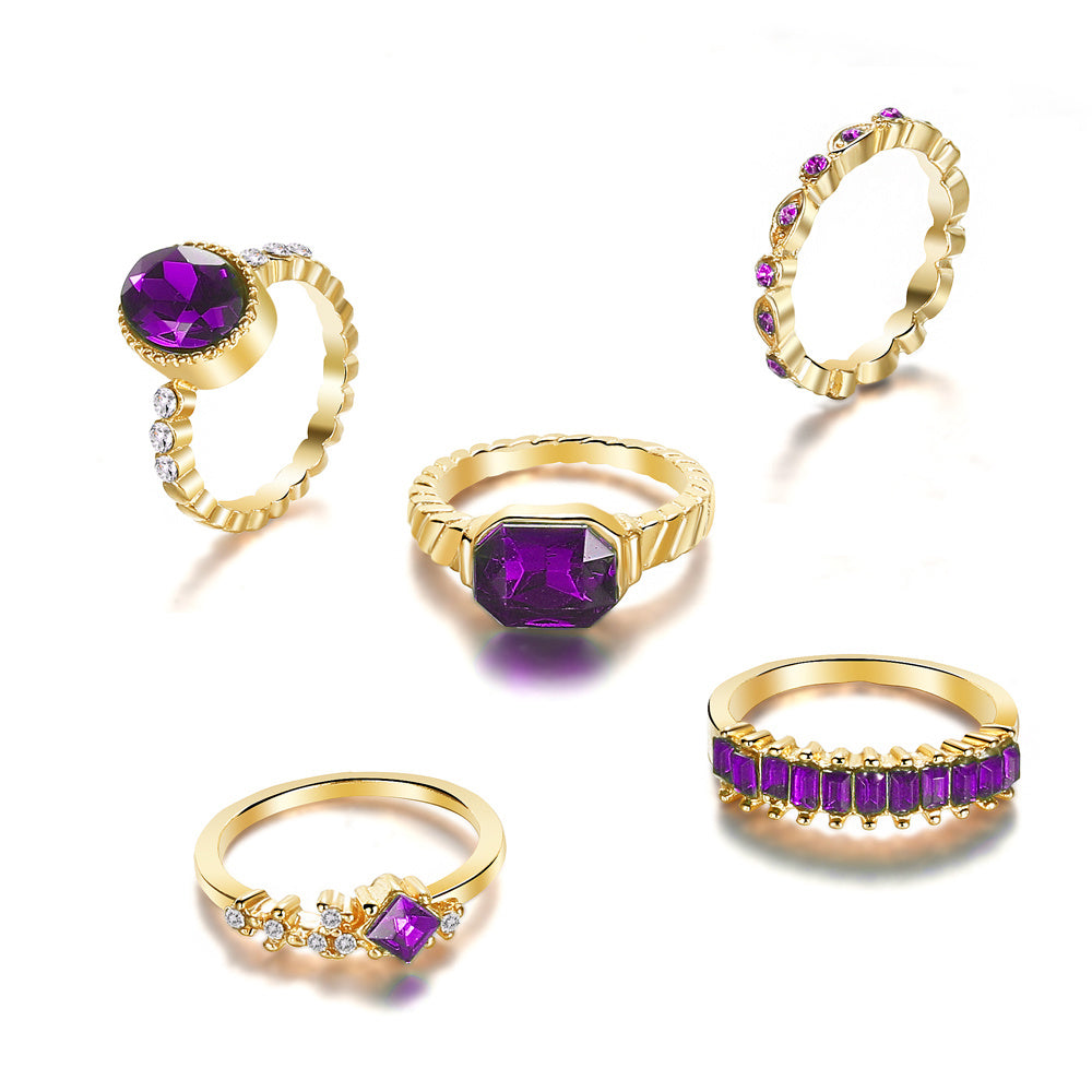 Vintage Versatile Faux Amethyst Rhinestone Knuckle Rings Set - 5pcs in Different Sizes, Perfect Birthday Gift