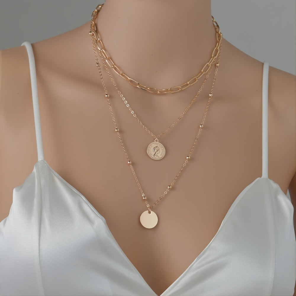 Elevate Your Style with our Vintage Coin Pendant Necklace - Three Layers of Stackable Chains for Women and Girls - Perfect for Holidays