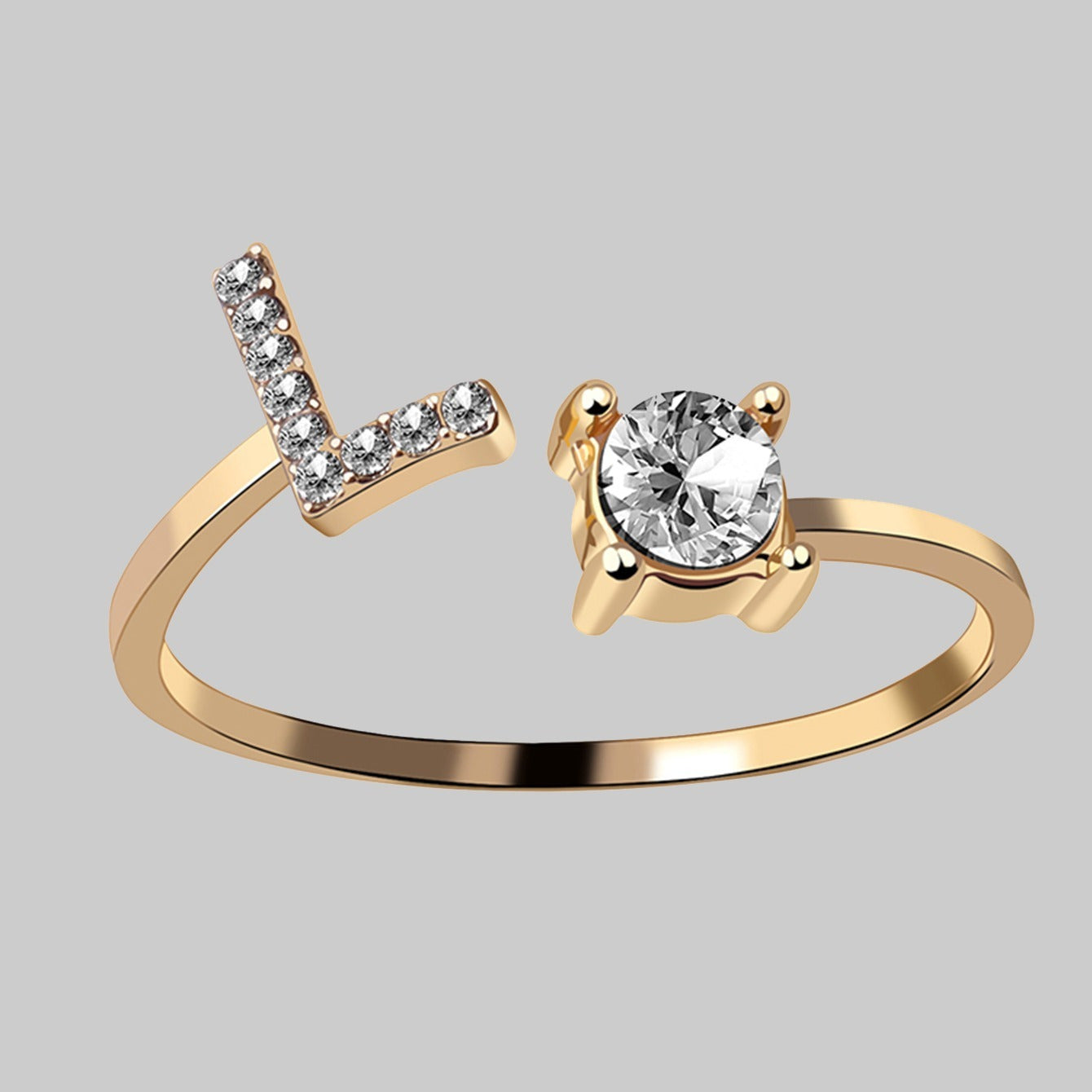 Shine Bright with Our Golden Zircon and Rhinestone Studded 26 Letters Open Adjustable Ring - Perfect Gift for Women