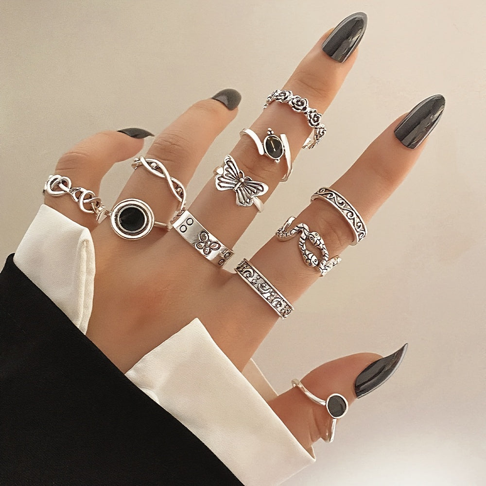 Complete Your Party Look with 11pcs Vintage Silver Snake Butterfly Flower Rings Set for Women and Girls