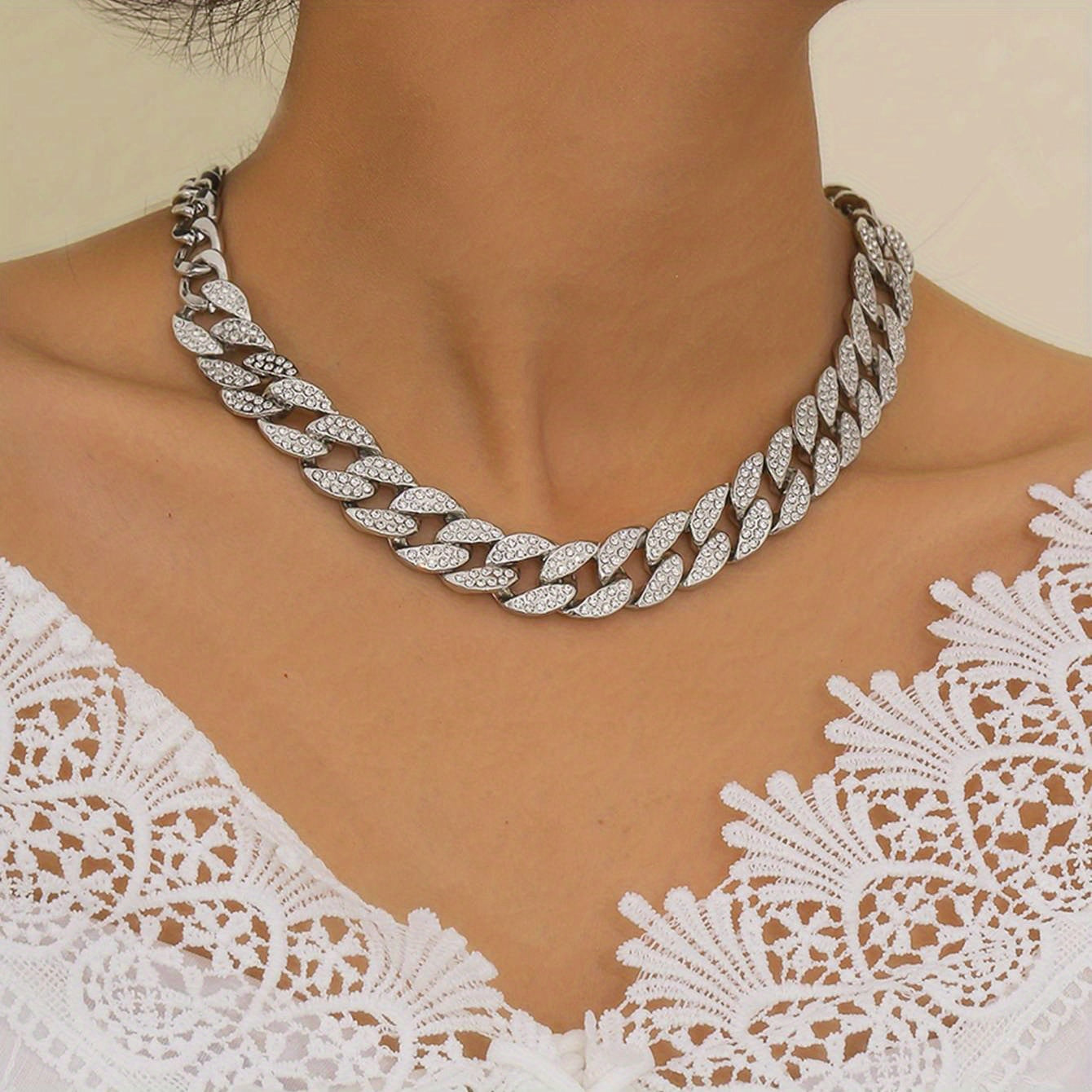 Vintage Inlaid Rhinestone Cuban Chain Choker Necklace - Perfect Holiday Decor Ornament
